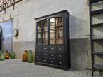 Vintage Houten Vitrinekast Zwart | Apothekers Vitrine Kast, Gebruikt, Antiek Retro Vintage Brocante Landelijk, 200 cm of meer