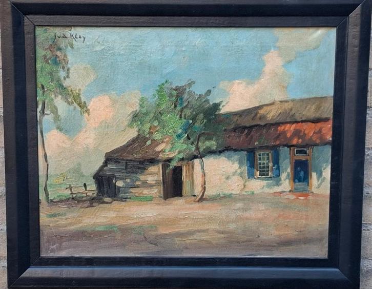 Boerderij in Oirschot. Ca '30. J.v.d.Kley. 59/49 cm., Antiek en Kunst, Kunst | Schilderijen | Klassiek, Ophalen