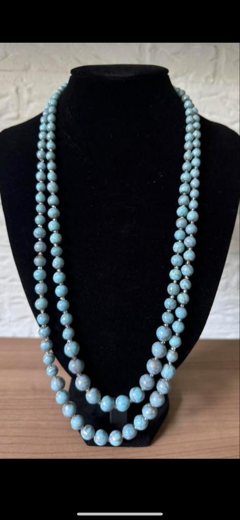 Glazen turquoise kralenketting, Sieraden, Tassen en Uiterlijk, Kettingen, Zo goed als nieuw, Kunststof, Blauw, Ophalen of Verzenden