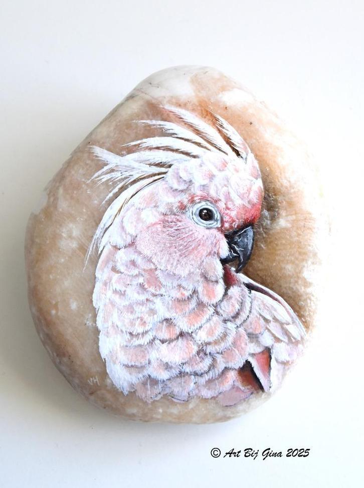 Roze Kaketoe geschilderd op een mooie grote kwartssteen, Antiek en Kunst, Kunst | Overige Kunst, Ophalen of Verzenden