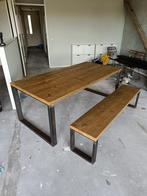 Grenen eettafel met bankje, Ophalen, Gebruikt, 50 tot 100 cm, Vijf personen of meer