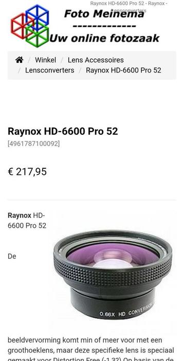 Raynox HD DCR 6600 Pro 52 72 Nieuw groothoek lens o.a Canon beschikbaar voor biedingen