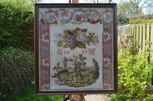Groot borduurwerk Jachttafereel 1881 ipst, Hobby en Vrije tijd, Borduren en Borduurmachines, Gebruikt, Overige typen, Handborduren