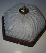 Vintage plafonniere glas hout messing, Huis en Inrichting, Lampen | Plafondlampen, Ophalen, Zo goed als nieuw