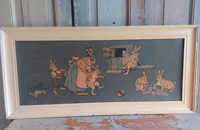 Antieke litho ingelijst de Konijnenschool Fritz Koch 1920's, Antiek en Kunst, Curiosa en Brocante, Ophalen of Verzenden
