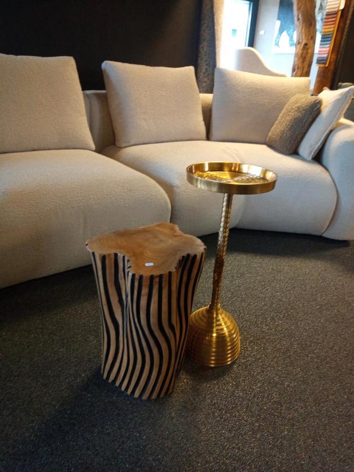 Bijzettafel koper teak hout, Huis en Inrichting, Tafels | Bijzettafels, Nieuw, Rond, Minder dan 55 cm, Hout, Ophalen of Verzenden