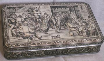 Oude gedecoreerd blik met deksel Belgium schilderij Teniers beschikbaar voor biedingen