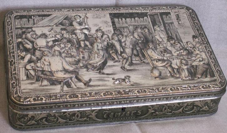 Oude gedecoreerd blik met deksel Belgium schilderij Teniers, Verzamelen, Blikken, Gebruikt, Overige, Ophalen of Verzenden