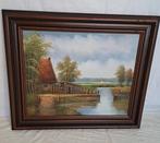Prachtig Schilderij Boerderij waterkant Boerenwoningen aan, Antiek en Kunst, Kunst | Schilderijen | Klassiek, Ophalen of Verzenden