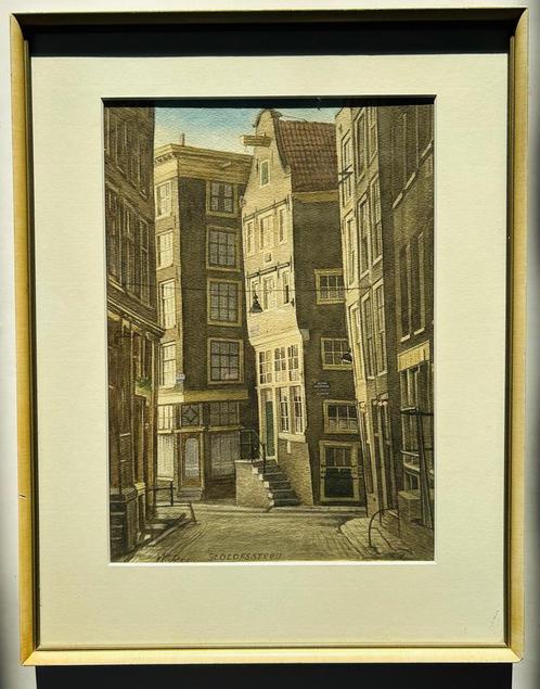 Aquarel Sint Olofssteeg - Het Jopenvat - Amsterdam - 47 x 37, Antiek en Kunst, Kunst | Schilderijen | Klassiek, Ophalen of Verzenden