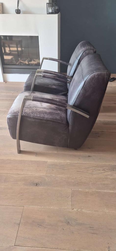 Stoere, leren stoelen met vintage look set van 2, Huis en Inrichting, Fauteuils, Gebruikt, Leer, Metaal, 50 tot 75 cm, 75 tot 100 cm
