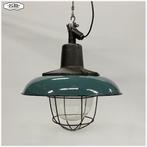 Oude Industriele hanglampen - blauw groen emaille -mooi glas, Ophalen, Gebruikt, Glas, Nb