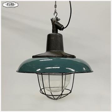 Oude Industriele hanglampen - blauw groen emaille -mooi glas beschikbaar voor biedingen