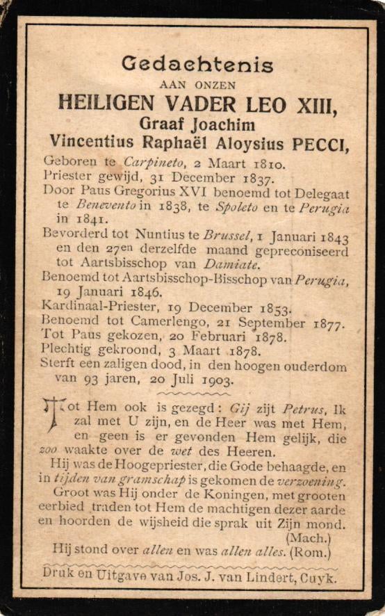 Paus Leo XIII 1810-1903, Ophalen of Verzenden, Bidprentje