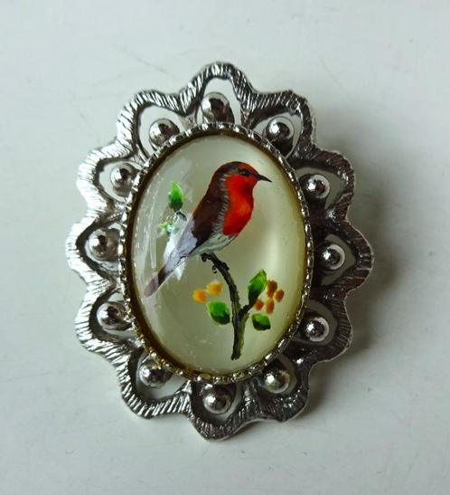 Vintage broche: handgeschilderd roodborstje op glas cabochon, Sieraden, Tassen en Uiterlijk, Antieke sieraden, Broche, Overige materialen