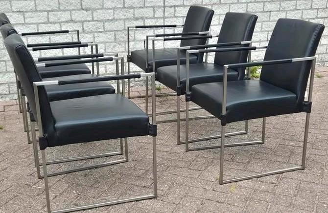 Design eetkamerstoelen zwart Leer bert plantagie Model Clark, Huis en Inrichting, Stoelen, Gebruikt, Vijf, Zes of meer stoelen