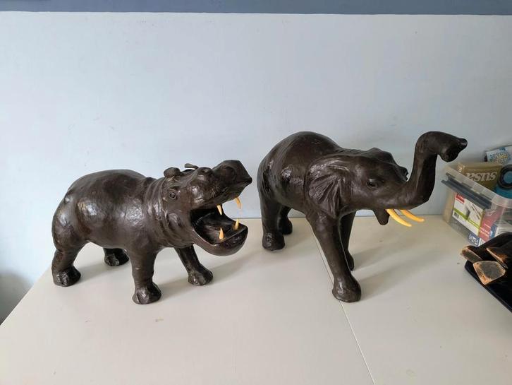 Vintage Lederen Olifant & Nijlpaard - Jaren '70, Antiek en Kunst, Kunst | Beelden en Houtsnijwerken, Ophalen of Verzenden