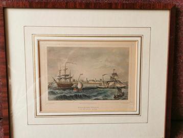 Echte Ets 1858 Staalgravure schilderij Hellevoetsluis haven 