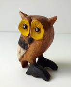 Houten beeldje van een uil bruin beige en zwart 2921-d, Ophalen of Verzenden