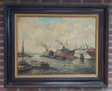 Olieverfschilderij Amsterdamse Haven, W.P. Steggerda, ca1940 beschikbaar voor biedingen