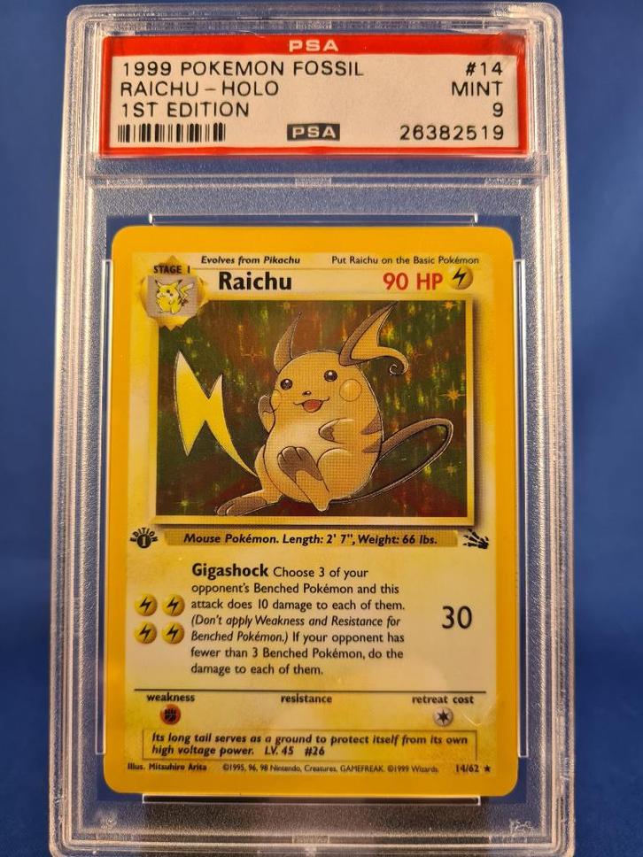 Raichu 14/62 - Fossil (1st edition) (PSA 9), Hobby en Vrije tijd, Verzamelkaartspellen | Pokémon, Gebruikt, Verzenden