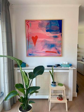 Groot abstract schilderij met houten lijst 100x100cm beschikbaar voor biedingen
