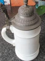 ANTIEKE MOOIE BIERPUL/MOK MET TINNEN DEKSEL EN LITHOFAAN, Ophalen of Verzenden