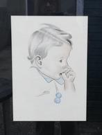 Duimend kind. Ingekleurde potloodtekening. Ca'40/'60., Antiek en Kunst, Kunst | Tekeningen en Foto's, Ophalen