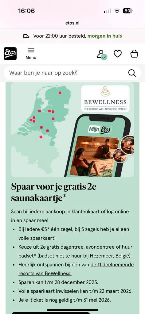 Sauna 2e kaartje gratis (etos actie), Tickets en Kaartjes, Kortingen en Cadeaubonnen, Twee personen, Spa of Sauna, Kortingsbon