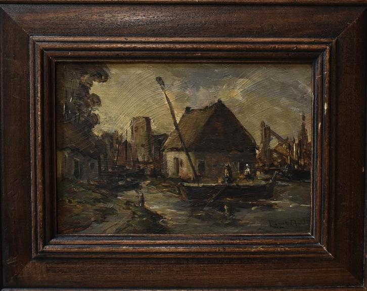 Havengezicht (Dordrecht?) Louis Apol., Antiek en Kunst, Kunst | Schilderijen | Klassiek, Ophalen of Verzenden