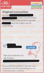 Origineel overnachten. € 20,- korting. Postcodeloterij bon., Drie personen of meer, 3 overnachtingen of meer