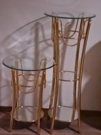 2 messing bladgoud glazen zuilen of bijzettafels, Ophalen, Rond, Glas, 75 cm of meer