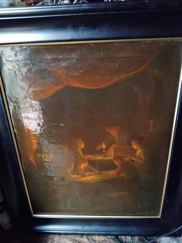 Antiek schilderij, kaarslicht scène, mogelijk Haanen beschikbaar voor biedingen