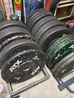 200kg bumper plates, halterstang, hexa dumbells, halterbank, Ophalen, Gebruikt, Benen, Dumbbell