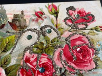 zilver glitter reliefkaart witte duiven rozen strass fr 1913 beschikbaar voor biedingen