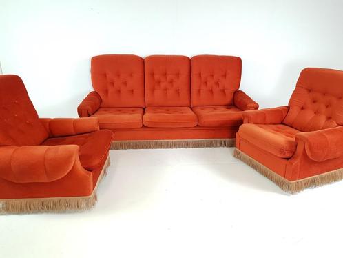 Vintage Deense bank en fauteuils oranje velvet velours, Huis en Inrichting, Banken | Bankstellen, Gebruikt, Ophalen of Verzenden