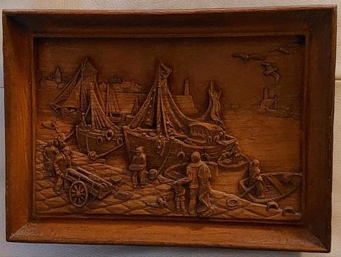 Houten Reliëf Vissersdorp, Antiek en Kunst, Kunst | Beelden en Houtsnijwerken, Ophalen of Verzenden