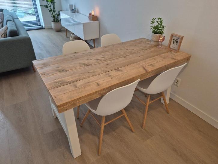 Steigerhouten eettafel L160xB78,5 met wit metalen onderstel, Huis en Inrichting, Tafels | Eettafels, Gebruikt, 50 tot 100 cm, 150 tot 200 cm
