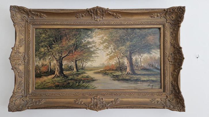 Prachtig schilderij "Beekje in het bos" SCH15, Antiek en Kunst, Kunst | Schilderijen | Klassiek, Ophalen