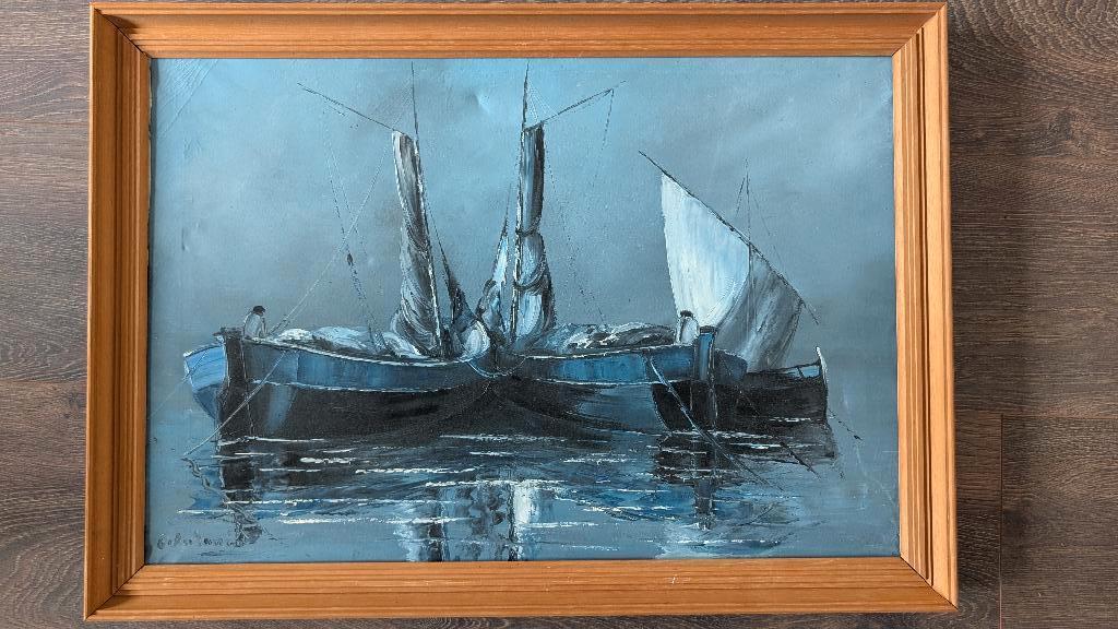 Schilderij met vissersboten, Antiek en Kunst, Kunst | Schilderijen | Klassiek, Ophalen