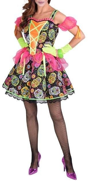 Leuk oranje/paars/zwart/geel MEXICAN SKULL/HALLOWEEN jurk, Ophalen, Carnaval, Nieuw, Kleding
