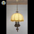 Vintage Barok messing kroonluchter stoffen kap hanglamp, Barok, ., Ophalen of Verzenden, Zo goed als nieuw