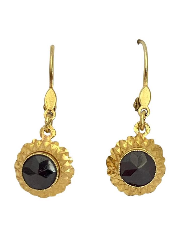 Vintage gouden oorbellen, oorhangers met granaat aan brisure, Sieraden, Tassen en Uiterlijk, Antieke sieraden, Oorbellen, Goud