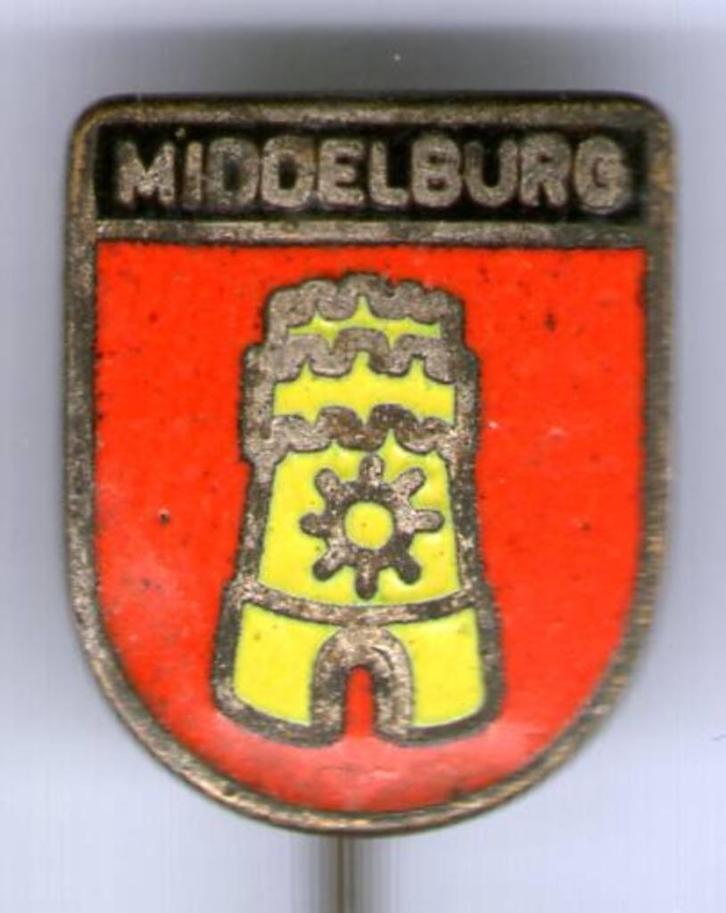 Middelburg email op zilverkleurig wapen speldje ( U_146a ), Verzamelen, Speldjes, Pins en Buttons, Nieuw, Speldje of Pin, Stad of Land