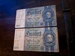 Reichsmark 2 briefjes van 100, Postzegels en Munten, Bankbiljetten | Europa | Niet-Eurobiljetten, Ophalen of Verzenden, Duitsland