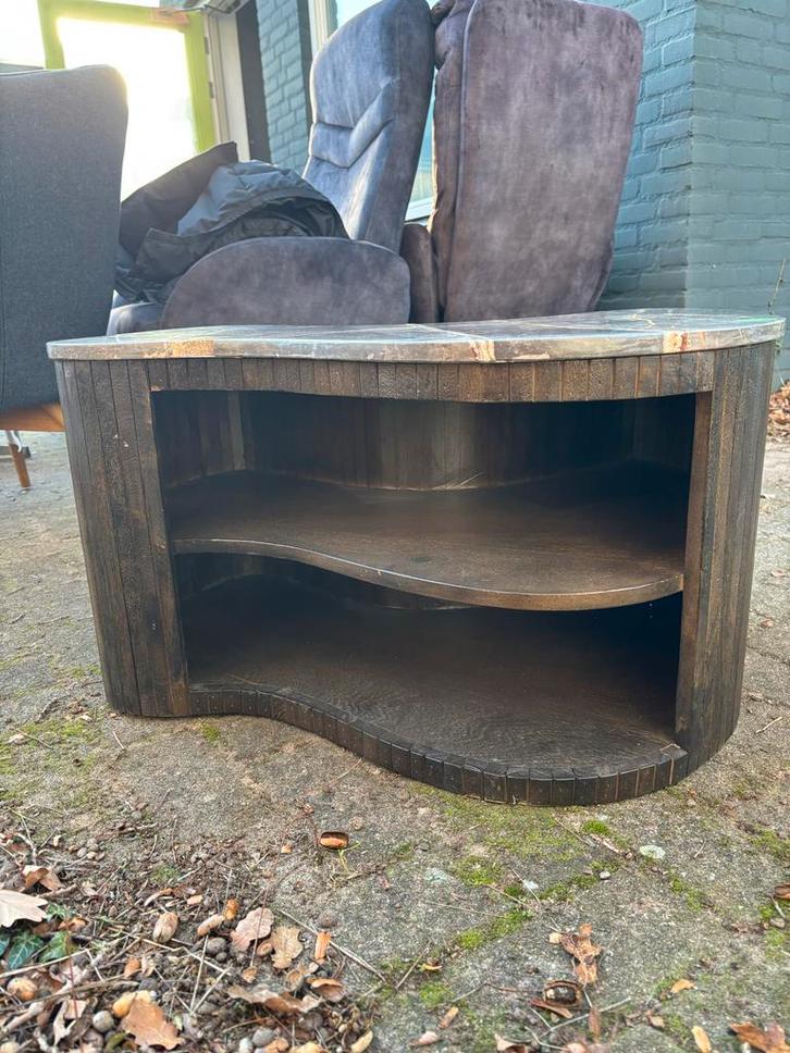 Salontafel met marmer blad en houten onderstel, Huis en Inrichting, Tafels | Salontafels, Gebruikt, Minder dan 50 cm, 50 tot 100 cm