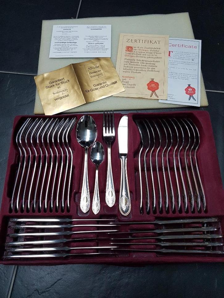Bestekset SBS verguld, echtheidscert., nieuw in leren koffer, Huis en Inrichting, Keuken | Bestek, Nieuw, Bestekset, Rvs of Chroom
