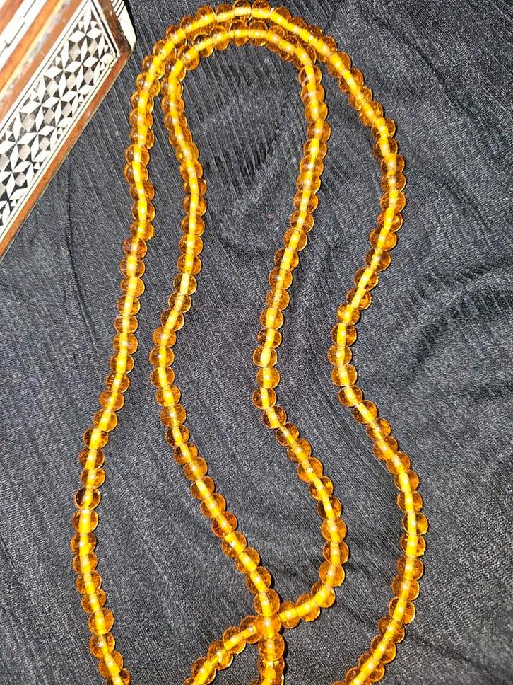 Antieke Lange Baarnesteen Ketting, Sieraden, Tassen en Uiterlijk, Kettingen, Gebruikt, Steen of Mineraal, Geel, Ophalen of Verzenden