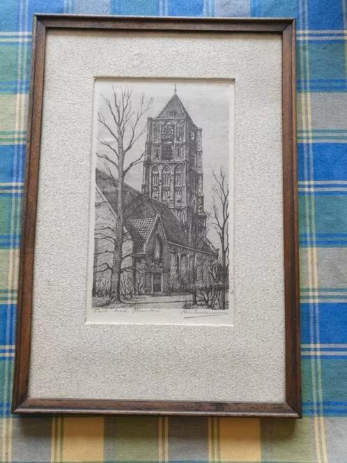 ets Ned. Herv. Kerk Tiel gesigneerd Marius Janssen, Antiek en Kunst, Kunst | Etsen en Gravures, Ophalen