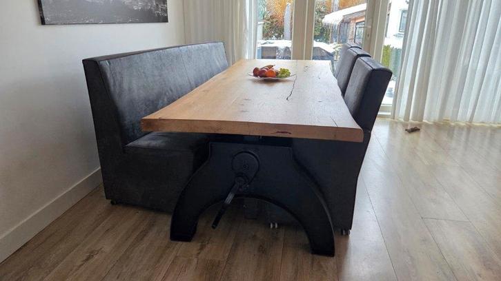 Eetkamerbank met stoelen, Huis en Inrichting, Stoelen, Gebruikt, Vier, Leer, Grijs, Ophalen